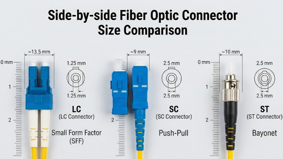 Side-by-side comparison of LC, SC, and ST connectors showing size difference Side-by-side comparison of LC, SC, and ST connectors showing size difference