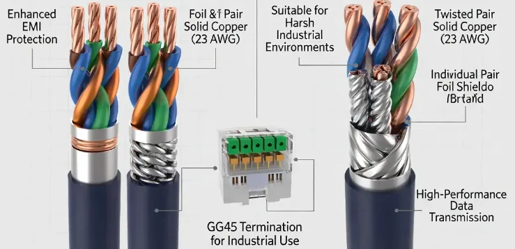 Detailed cross-section of Cat6a and Cat7 ethernet cables showing S/FTP shielding, solid copper conductors, and GG45 termination for industrial environments Detailed cross-section of Cat6a and Cat7 ethernet cables showing S/FTP shielding, solid copper conductors, and GG45 termination for industrial environments