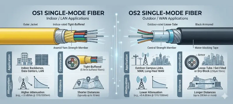 OS1 vs OS2 fiber comparison table showing attenuation distance construction and applications OS1 vs OS2 fiber comparison table showing attenuation distance construction and applications