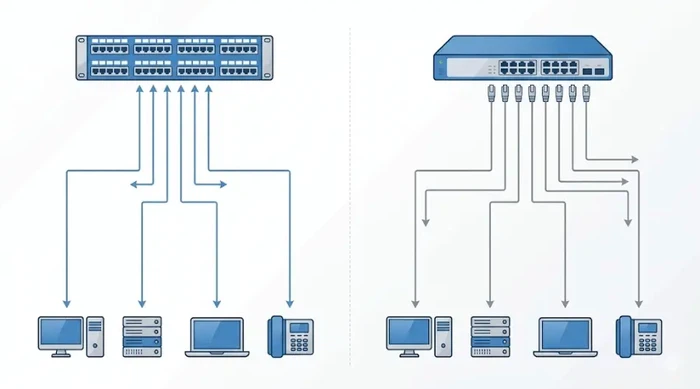 Patch panel and network switch connection diagram showing passive cabling and active switching equipment Patch panel and network switch connection diagram showing passive cabling and active switching equipment